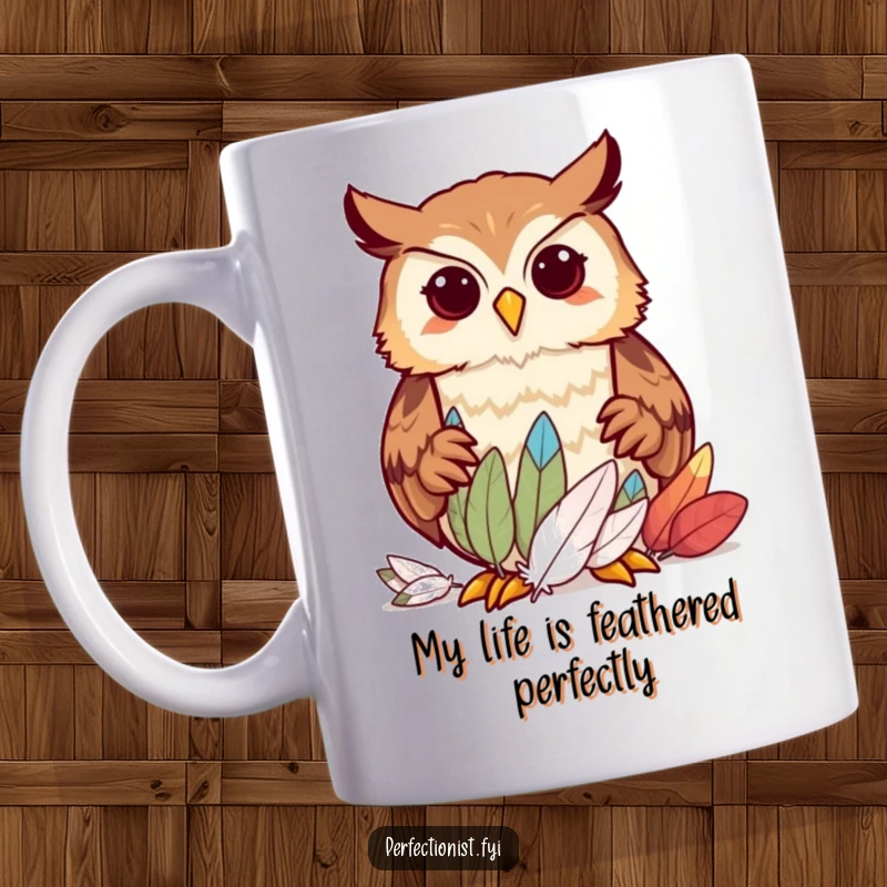 Funny owl character humorously sorting feathers by size on a mug, showcasing its organized and precise nature for a delightful gift.