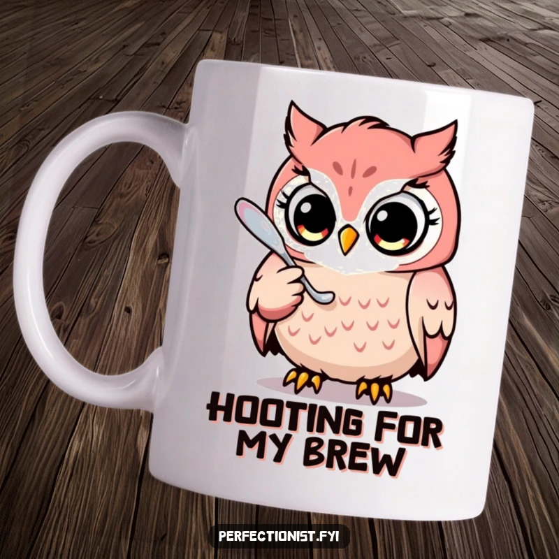 Funny mug showing a focused owl character intently polishing a single, gleaming spoon to perfection, a humorous gift for the neat.