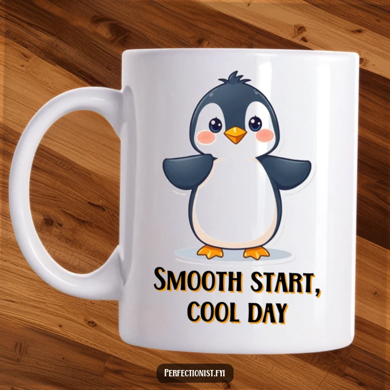 Funny penguin character humorously smoothing its feathers on a mug, showcasing its precise and dapper nature for a delightful funny gift.