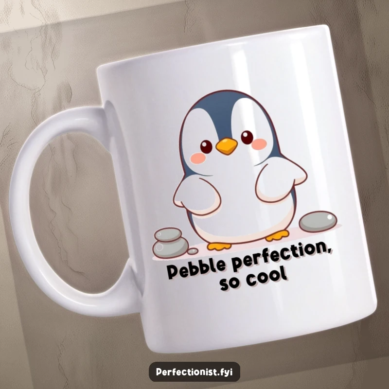 Funny penguin mug featuring a cheerful penguin character carefully lining up pebbles, perfect for neat freaks and gift-givers.
