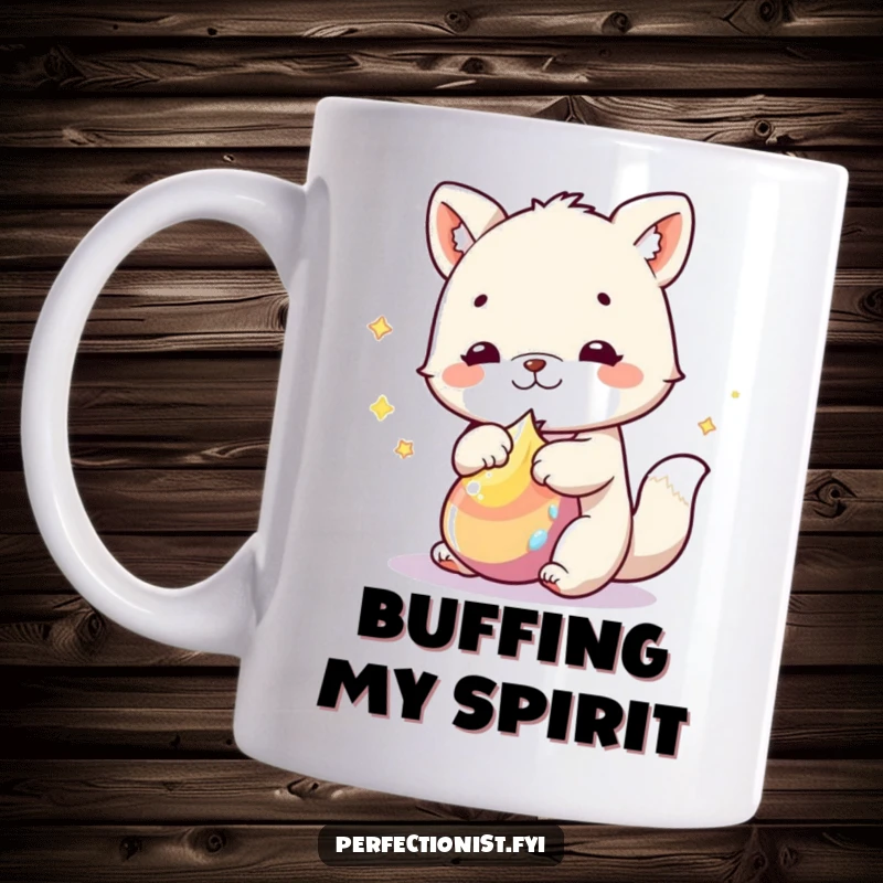 Funny Mug: An animal character is intensely polishing a single object until it gleams, showcasing its dedication to shine and humor.