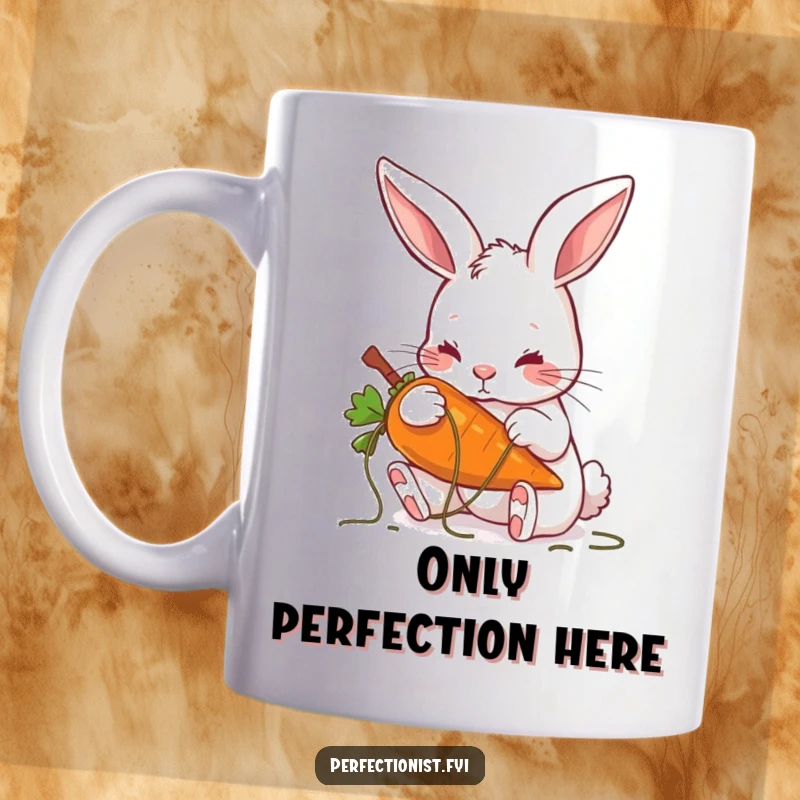 Funny mug with a rabbit precisely plucking threads from a carrot, showcasing extreme attention to detail.