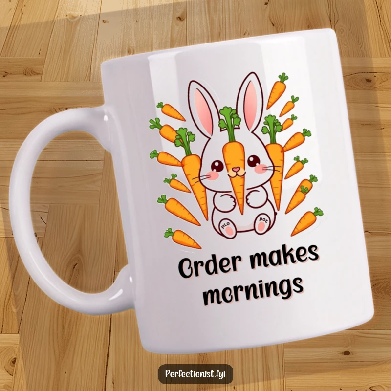 Funny Mug: Meticulous rabbit character carefully aligning perfectly spaced carrots, showcasing a humorous obsession with order.