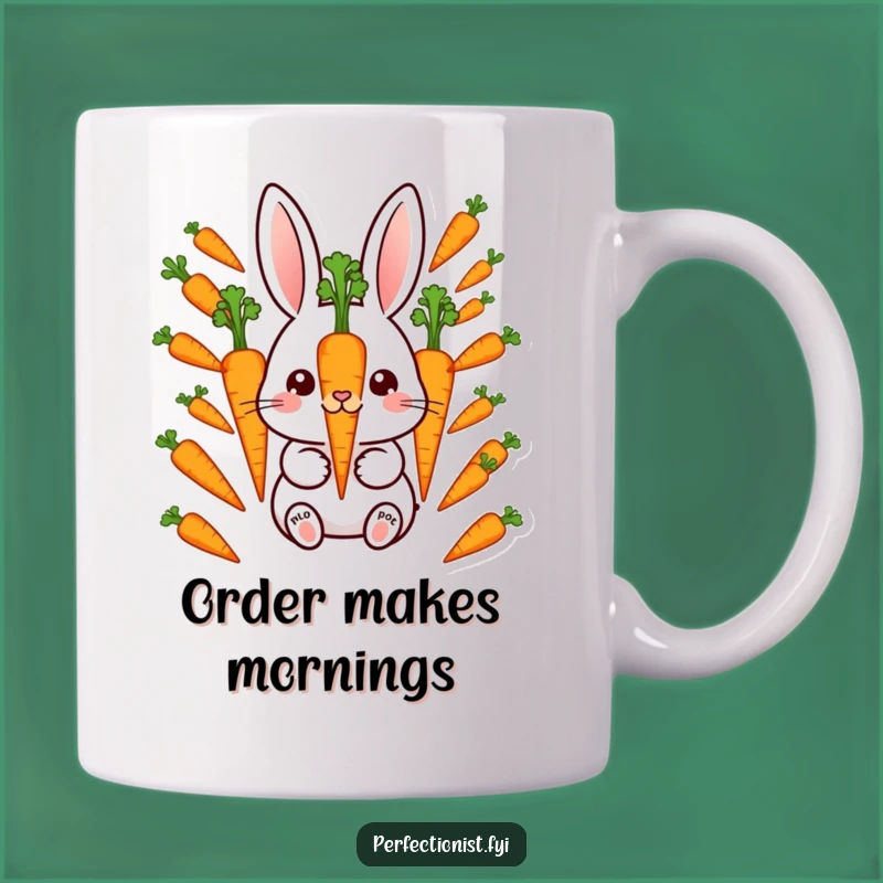 Funny Rabbit Carrot Mug: Meticulous bunny aligns carrots, a perfect funny gift for organizers.