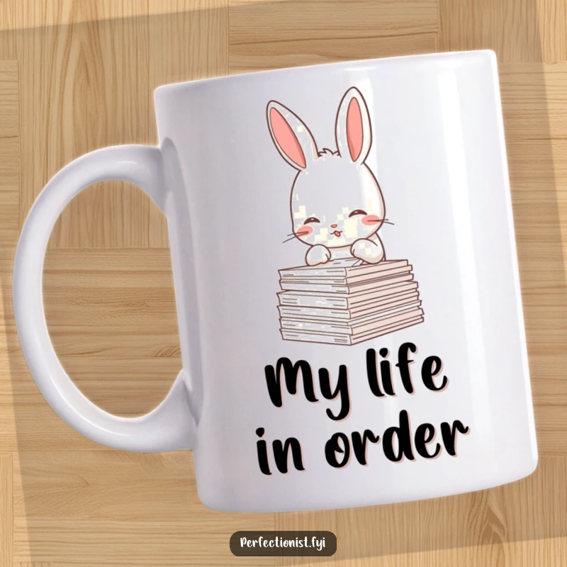 Funny Rabbit Mug: A meticulous rabbit character is straightening a stack of papers, looking very serious about office tasks.