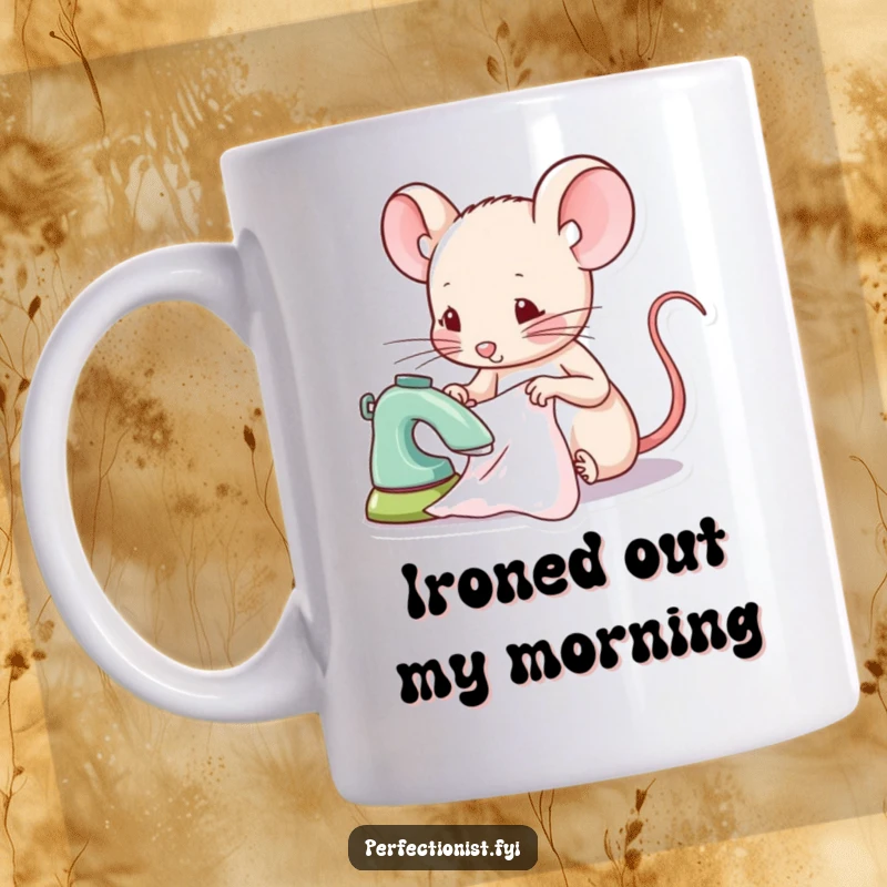Funny mouse mug featuring a focused mouse character intently ironing a tiny piece of fabric, perfect for meticulous people and gift-givers.