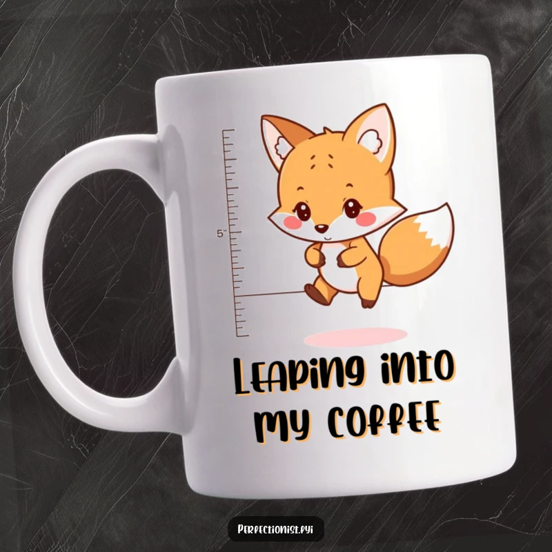 Funny mug with a careful fox character precisely measuring the perfect distance to jump, highlighting its strategic and agile nature.