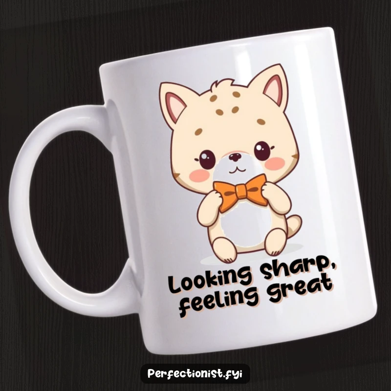 Funny Mug featuring an animal character adjusting its own perfectly symmetrical bowtie with a sophisticated air.