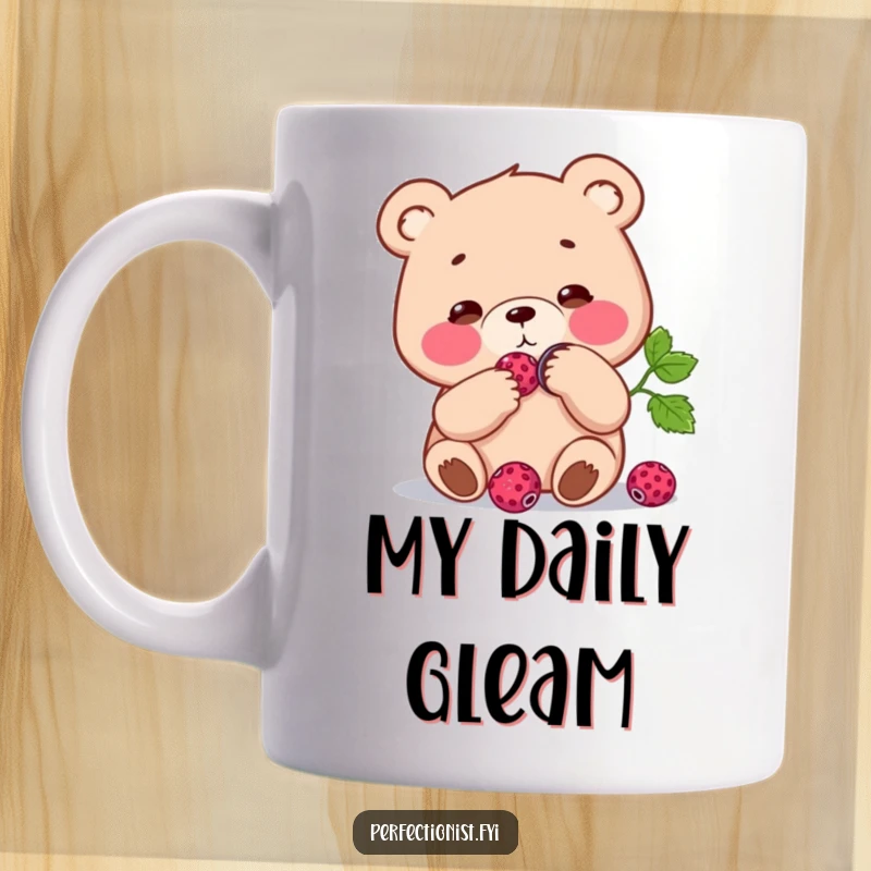 Funny Mug: Focused bear character diligently polishing a single berry to a brilliant shine, showcasing humorous dedication.