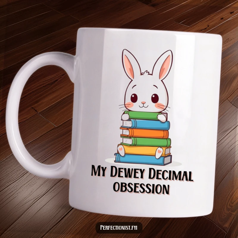 Funny mug featuring a meticulous rabbit character, perfectly stacking books with intense concentration, a true gift for book lovers.