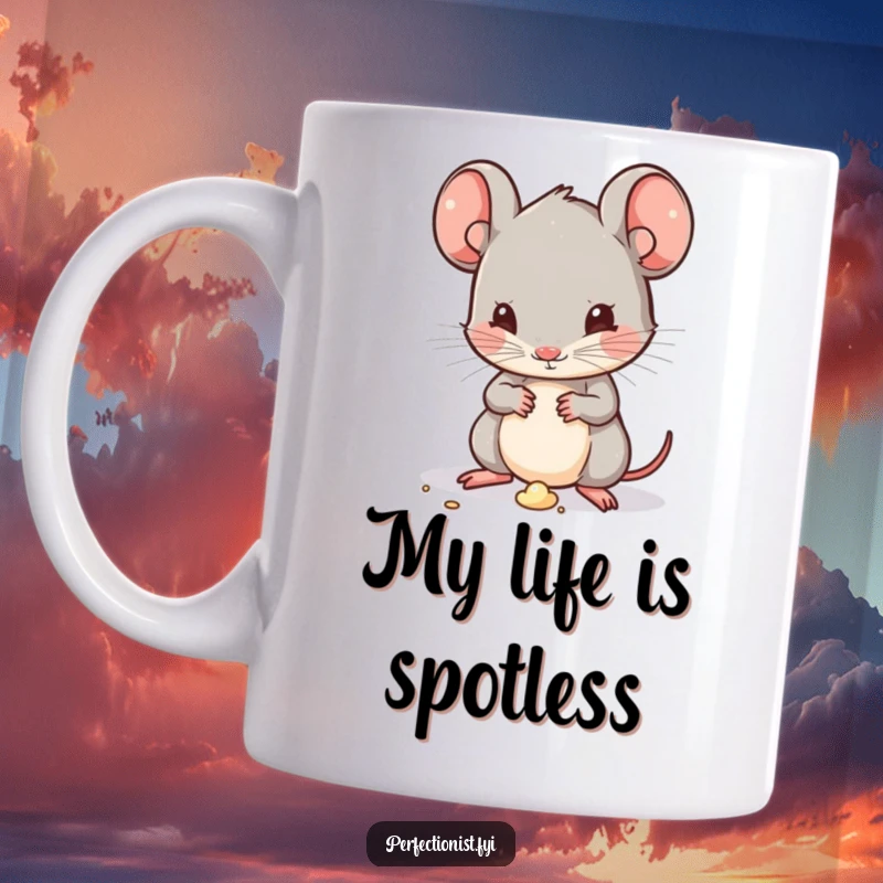Funny Kawaii mouse character meticulously dusting a tiny speck of dirt with a feather duster, showcasing its perfectionist personality on this mug.