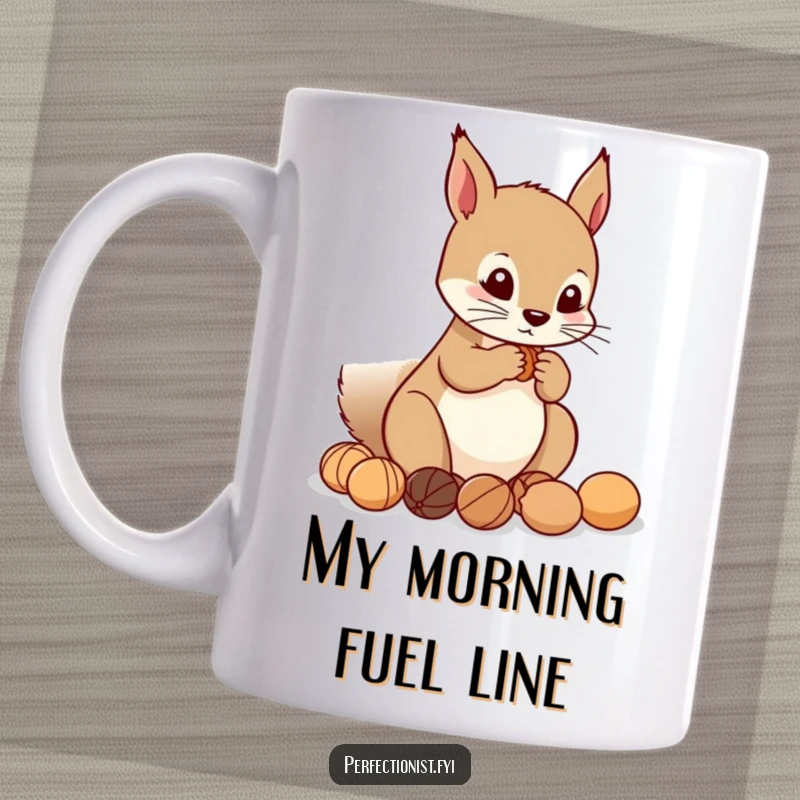 Funny Mug: Precise squirrel character meticulously arranging nuts in a perfect line, showcasing humorous forethought and order.