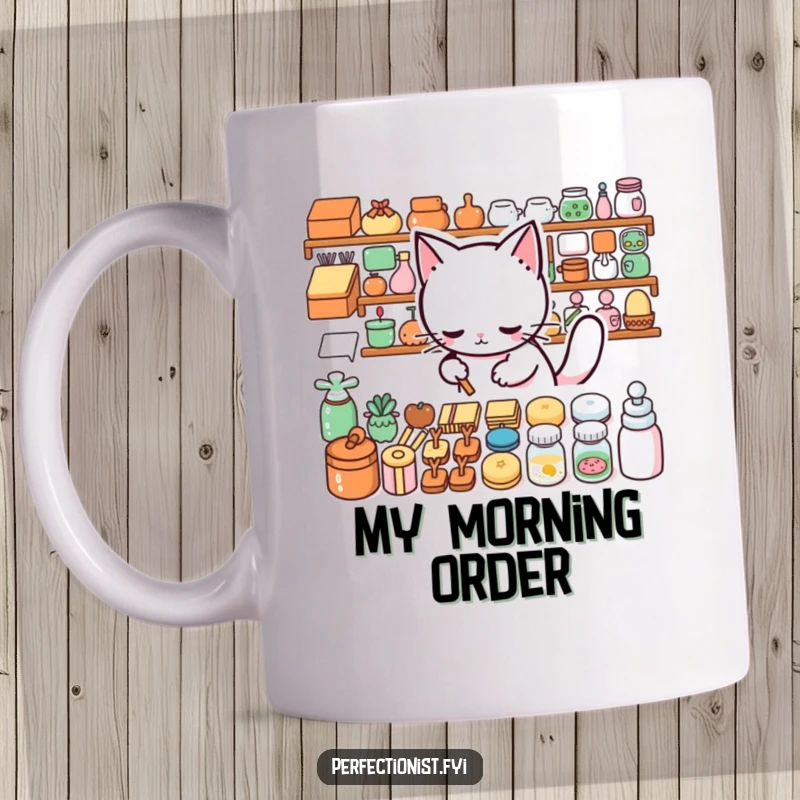 Funny Mug: A meticulous cat carefully arranges items in perfect rows, a humorous depiction of order.