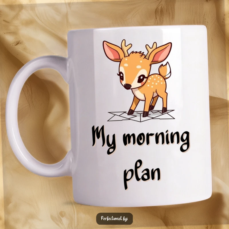 Funny deer mug with a focused character meticulously planning a geometric pathway, symbolizing precision and planning with humor.