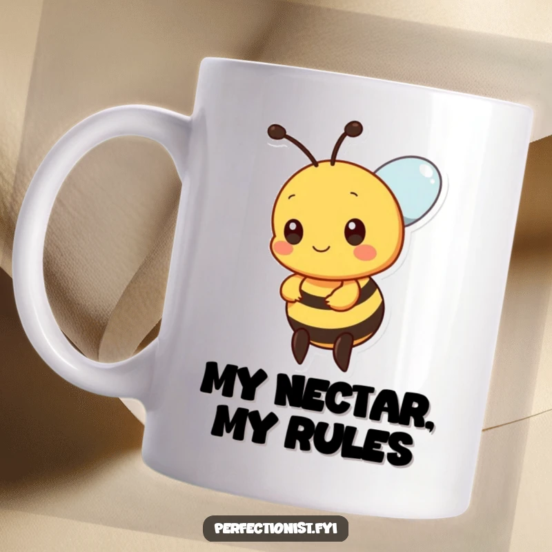 Funny bee mug featuring a precise bee character meticulously aligning nectar drops, perfect for organizers and gift-givers.