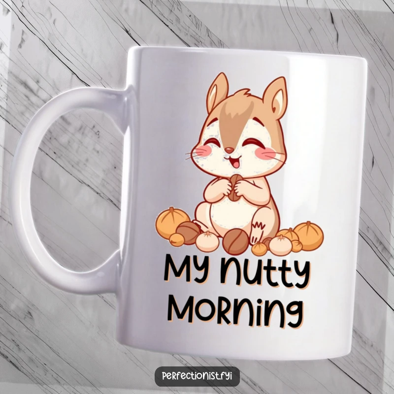 Funny giggling squirrel sorting nuts by size with great focus on a mug, perfect for organizers and nut lovers.