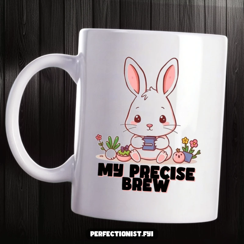 Funny Mug: A focused rabbit meticulously aligns small objects, showcasing concentration and humor.