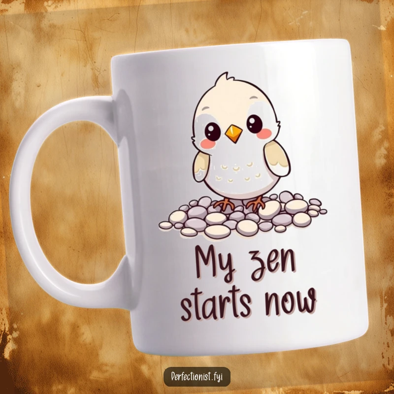 Funny mug with a bird character meticulously arranging tiny pebbles, showcasing its quirky, organized personality and love for order.