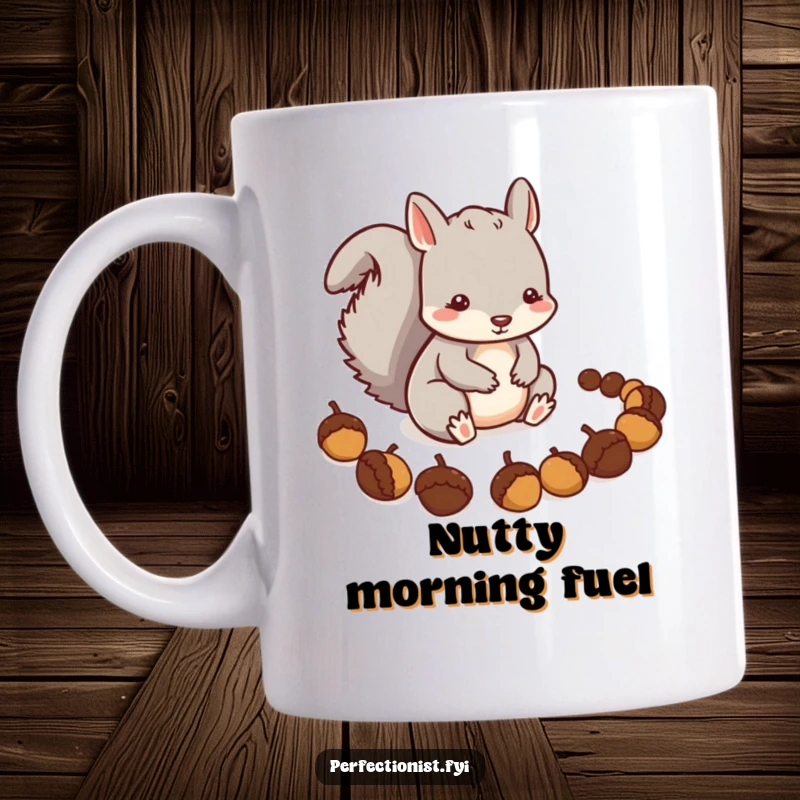 Funny Squirrel Mug: A careful squirrel character is precisely arranging a line of acorns, looking very focused on winter preparations.