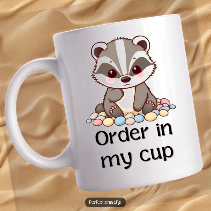 Funny badger mug with a tidy badger character carefully alphabetizing small pebbles, symbolizing a love for order and meticulousness.