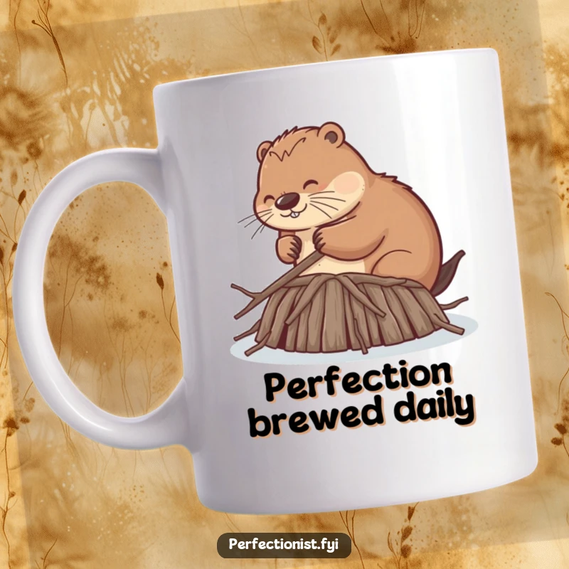 Funny mug with a diligent beaver precisely smoothing dam twigs to identical lengths, showcasing extreme focus and a comical obsession with order.