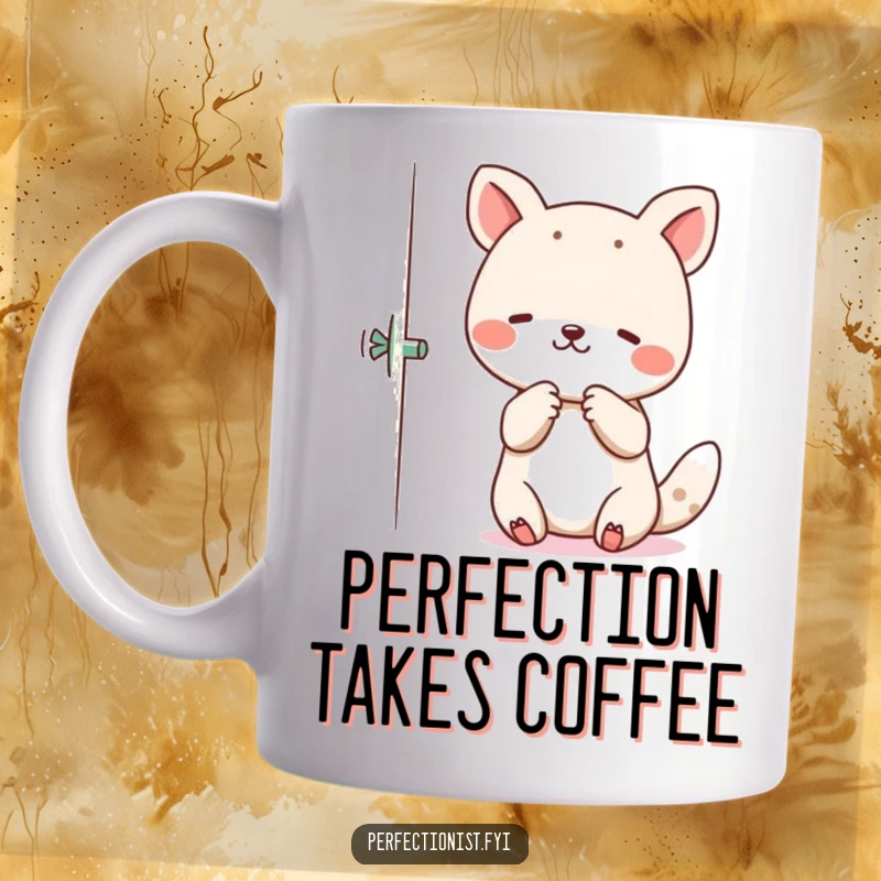 Funny Mug of an animal character delicately adjusting crooked items to be perfectly straight.