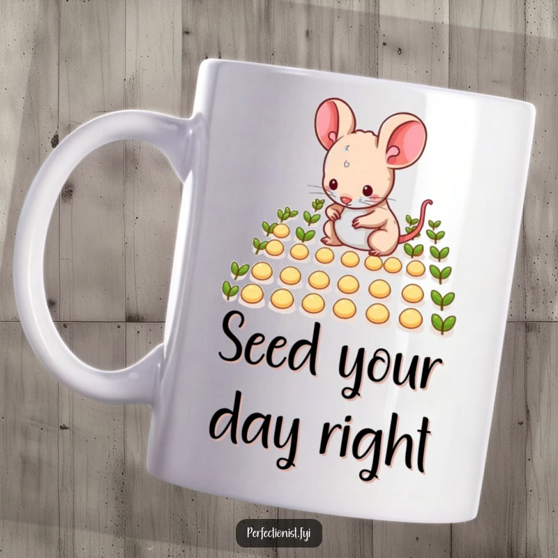 Funny mouse character humorously arranging tiny seeds in neat rows on a mug, showcasing its tidy and precise nature for a funny gift.