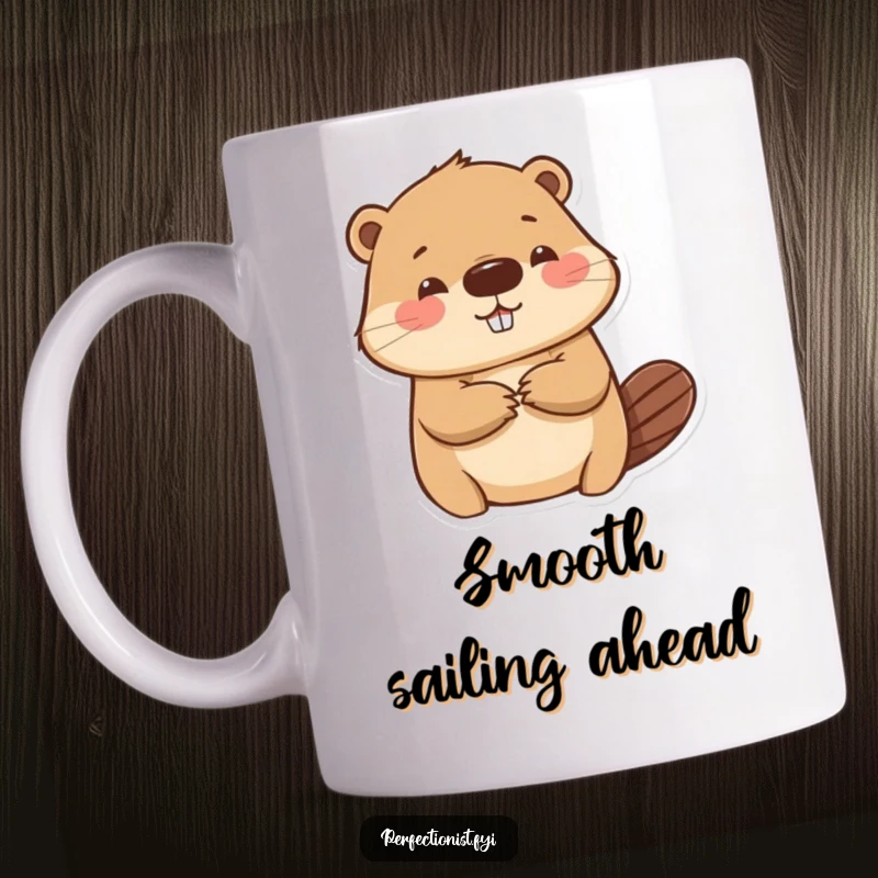 Funny beaver mug with a hyper-focused beaver character meticulously smoothing a single wrinkle on a piece of paper, a symbol of extreme care.