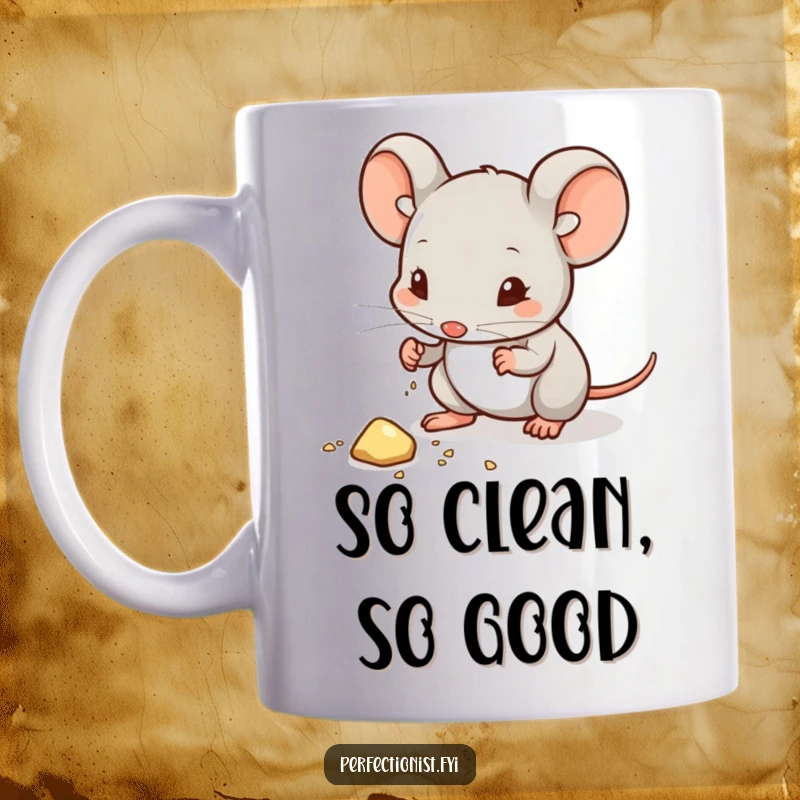 Funny mug with a mouse character meticulously wiping dust from a crumb, showcasing its obsessive, yet charming, tidiness.