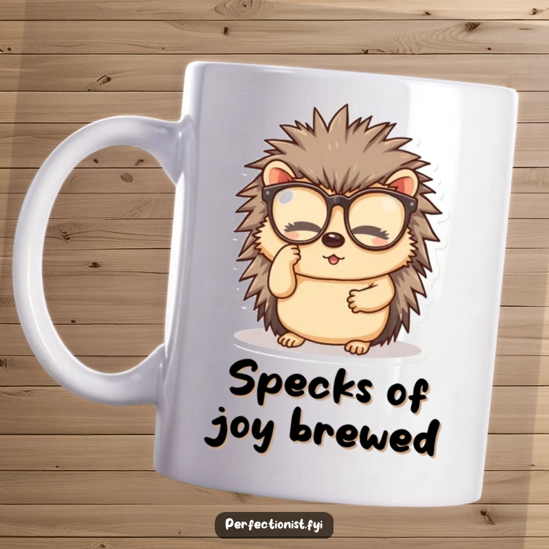 Funny mug showing a diligent hedgehog character meticulously cleaning its spectacles, a humorous gift for the observant.