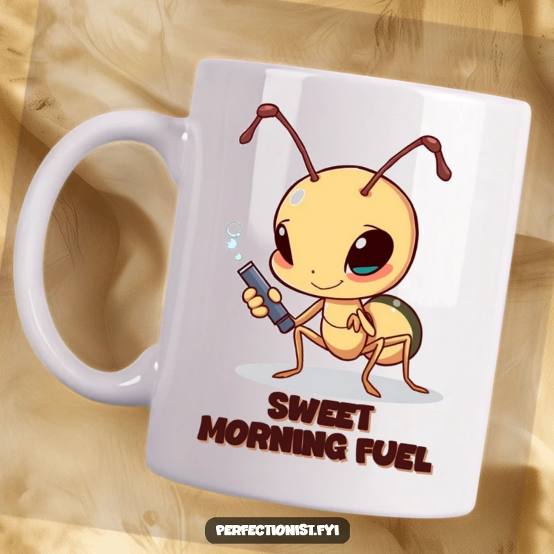 Funny determined ant polishing a single grain of sugar on a mug, perfect for workers and sweet lovers.