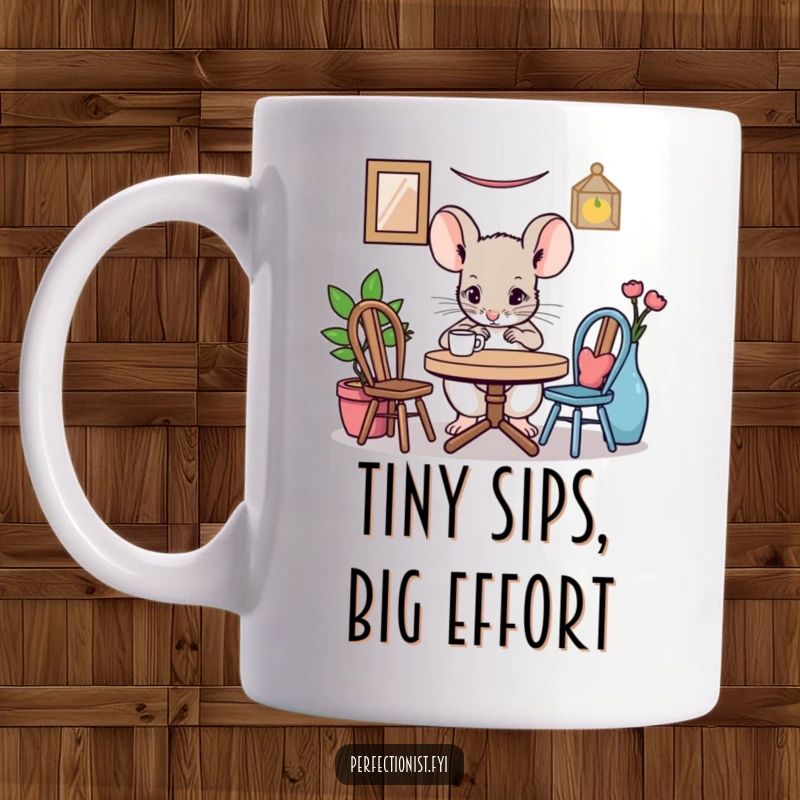 Funny mouse mug with a focused mouse character meticulously adjusting a miniature table setting, symbolizing attention to detail and precision.