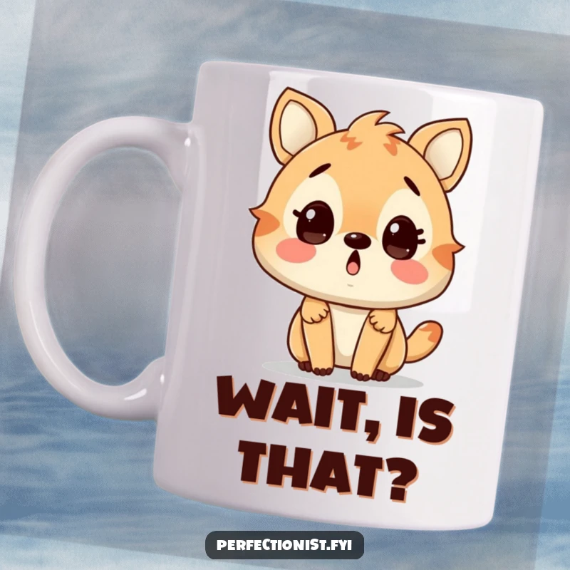 Funny mug featuring a wide-eyed, surprised animal character discovering a minuscule flaw, expressing comical shock. An ideal funny gift.