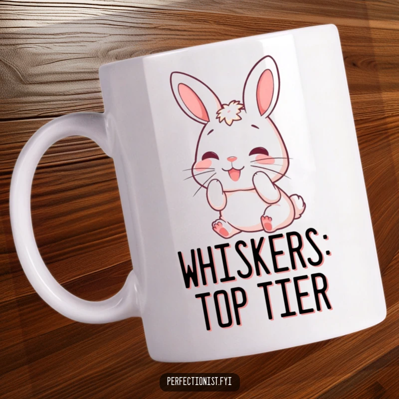 Funny rabbit mug showing a cute bunny character meticulously grooming its whiskers with a happy expression, perfect for coffee lovers.