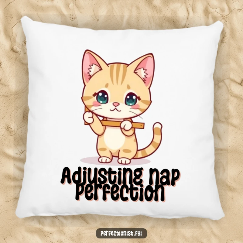 Funny Cat Pillow featuring a cat character meticulously straightening a wobbly picture frame, perfect for cozy and tidy spaces.