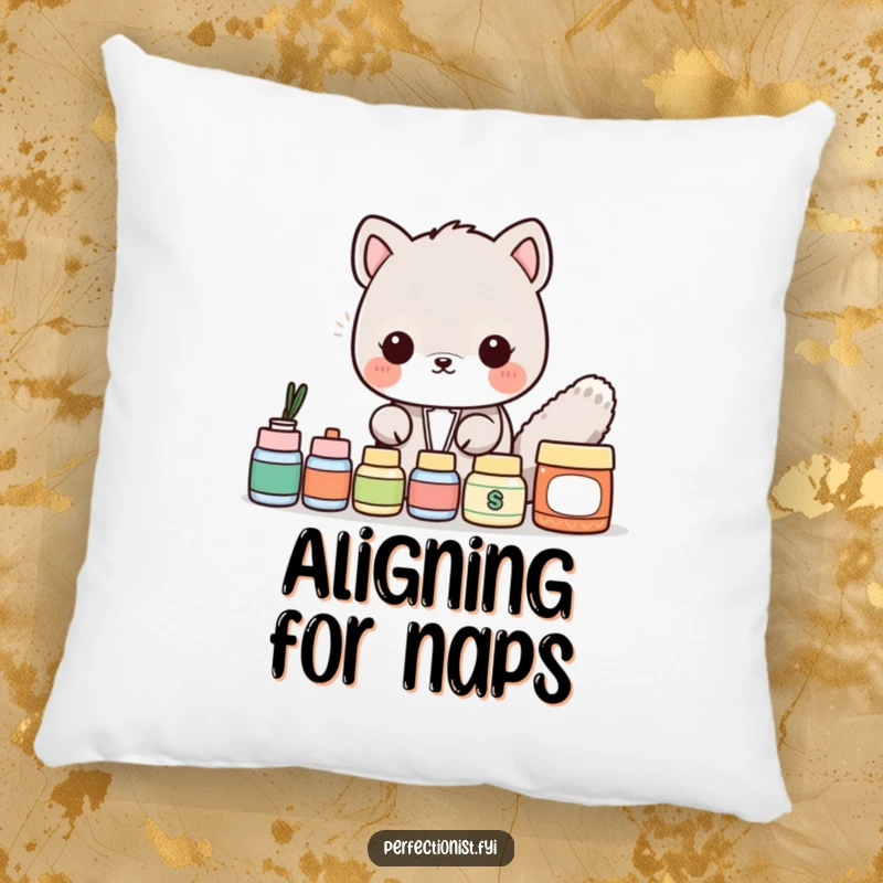 Funny Pillow: An animal character is portrayed focusing intently on aligning items perfectly, bringing organized humor to your decor.