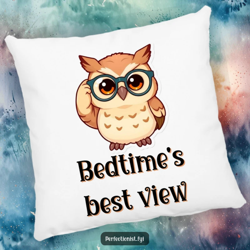 Funny owl pillow showcasing a curious owl adjusting its spectacles, providing cozy comfort with a touch of intellectual whimsy.