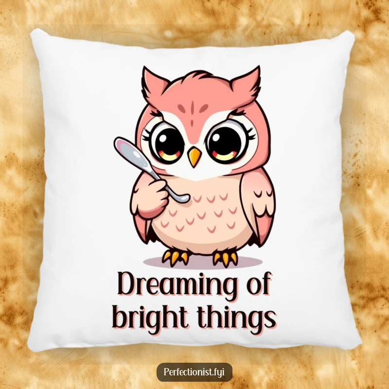 Funny pillow depicting a focused owl character, meticulously polishing a gleaming spoon, providing comfort and humor.