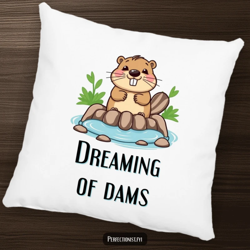Funny beaver pillow showcasing a happy beaver ensuring its dam is perfectly symmetrical, providing cozy comfort with an emphasis on order.