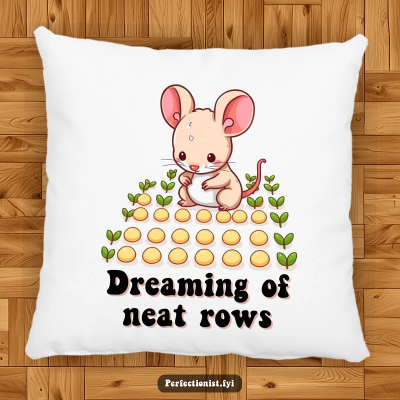 Funny mouse character meticulously arranging tiny seeds in neat rows on a pillow, providing decorative humor and comfort as a funny gift.