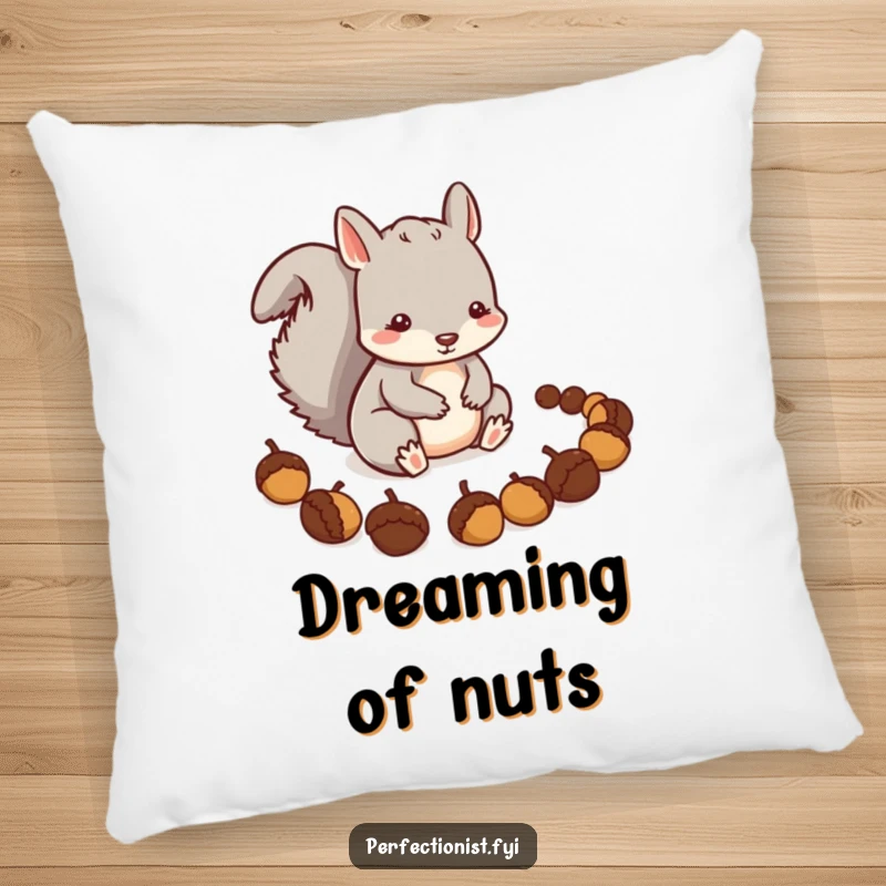 Funny Squirrel Pillow: A careful squirrel character is precisely arranging a line of acorns, offering comfort with a side of meticulous planning.