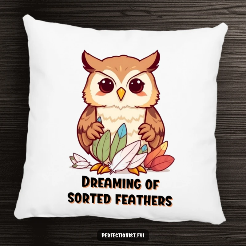Funny owl character meticulously sorting feathers by size on a pillow, providing decorative humor and comfort as a funny gift option.