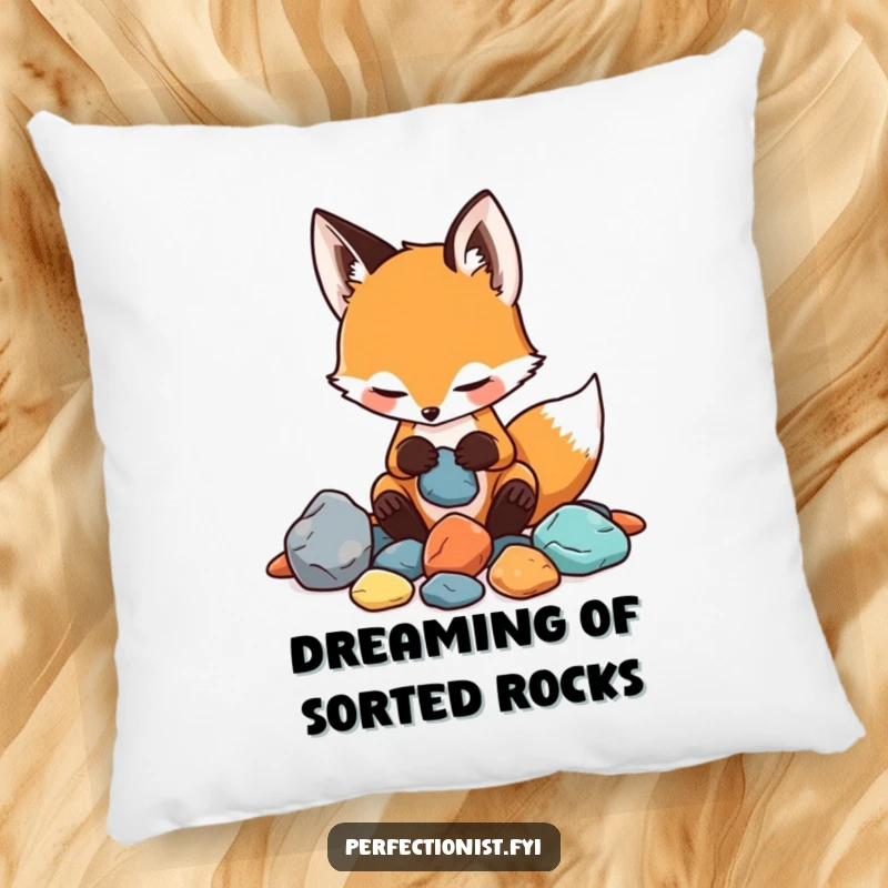 Funny pillow featuring a playful fox carefully sorting rocks by color and texture, a soft and humorous decorative item.
