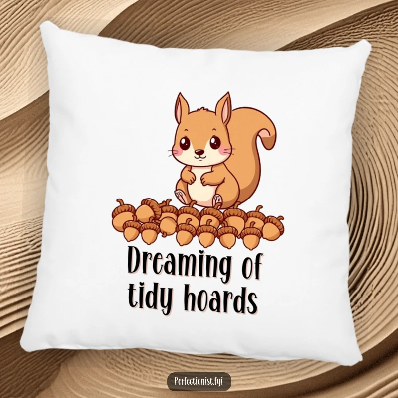 Funny pillow depicting a precise squirrel character, lining up acorns in a perfect row, providing comfort and humor.