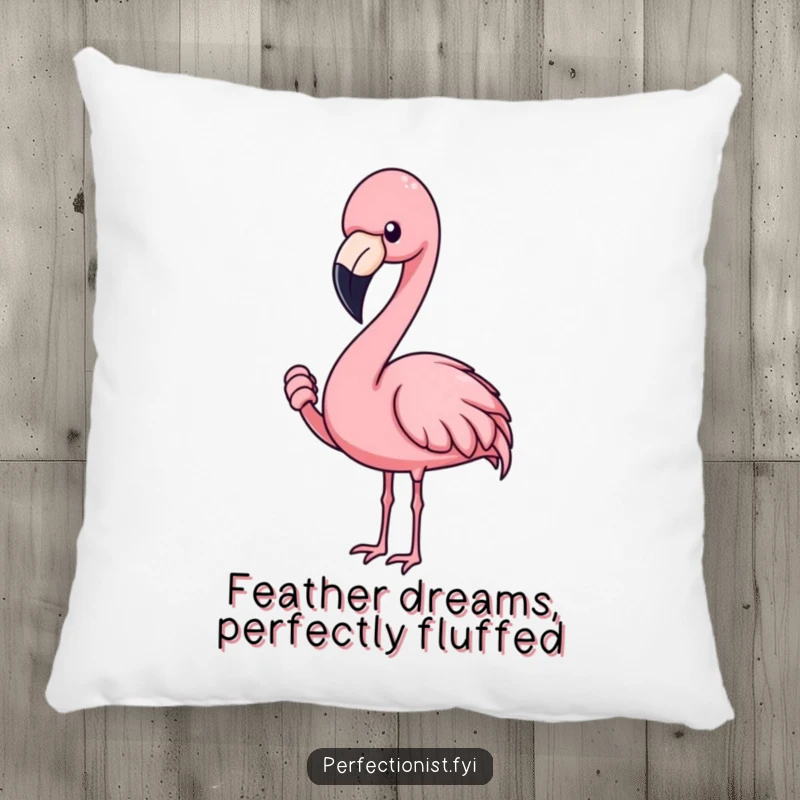 Funny flamingo pillow showing a blushing flamingo character concentrating on adjusting a feather, a comfy and humorous accent.