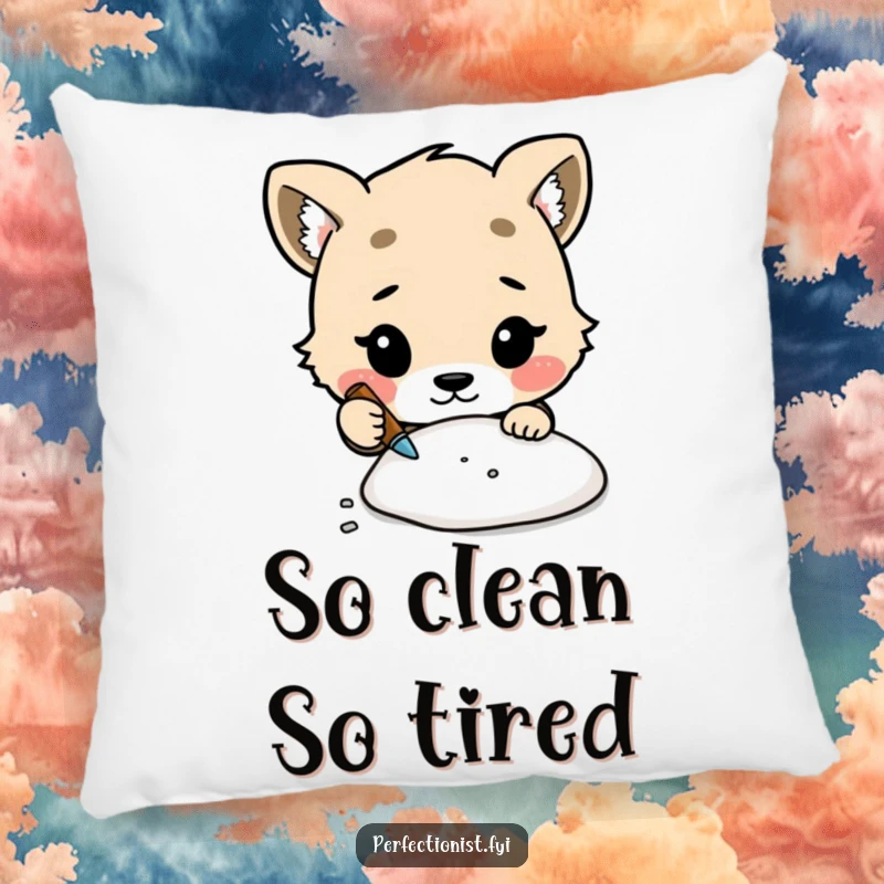 Funny pillow with a cute animal character focused on cleaning a tiny speck of dust, bringing smiles.