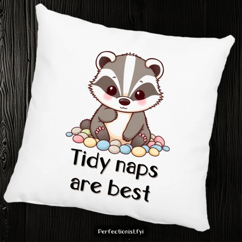 Funny badger pillow with a character meticulously alphabetizing small pebbles, offering comfort and a touch of humorous detail to any room.