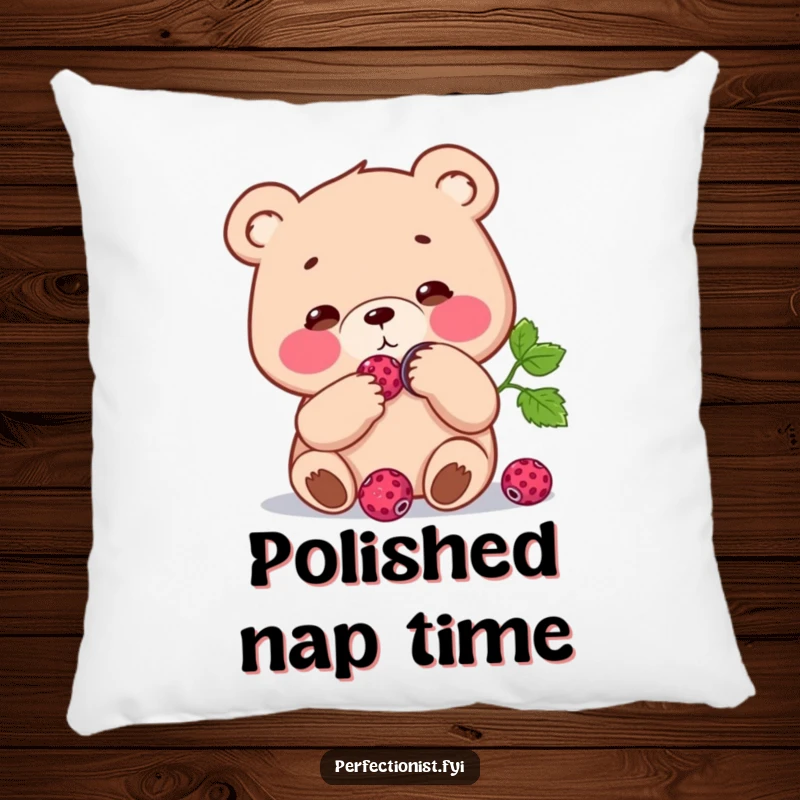 Funny Pillow: Focused bear character polishing a single berry to a shine, providing soft comfort and a humorous, dedicated addition.