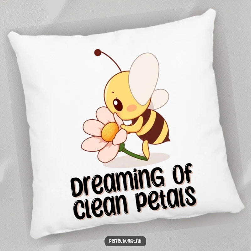 Funny Bee Pillow: A diligent bee character is polishing a flower petal to a shine, offering comfort with a side of enthusiastic effort.