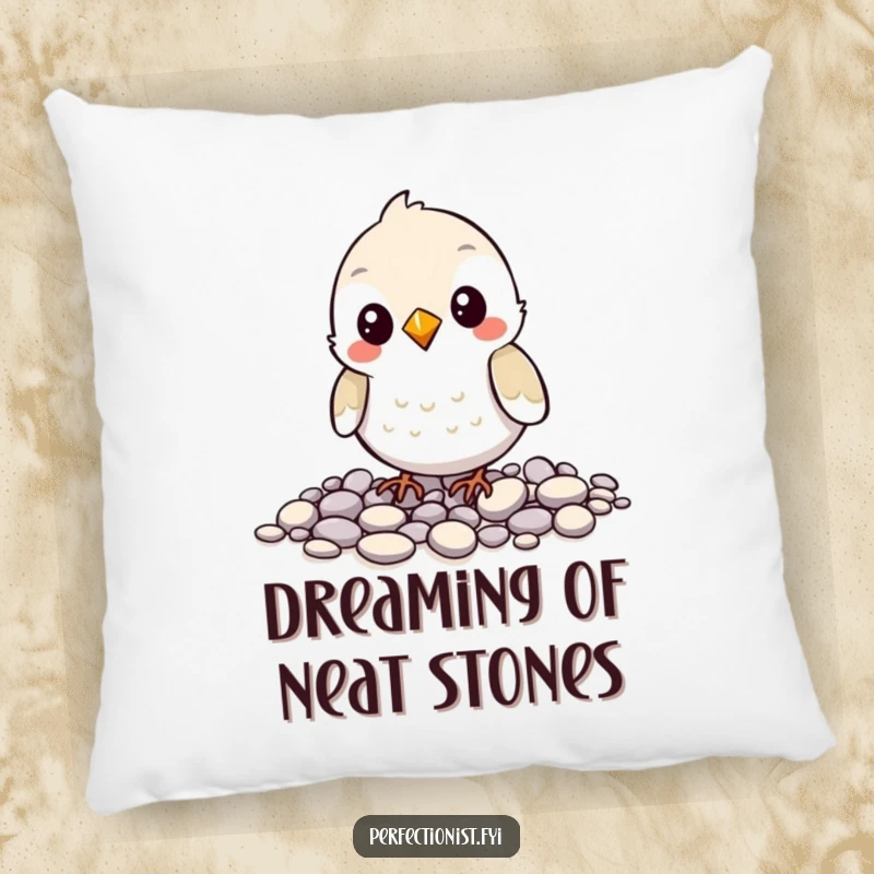 Funny pillow with a bird character carefully aligning small pebbles, adding a humorous touch of organization and charm to any space.